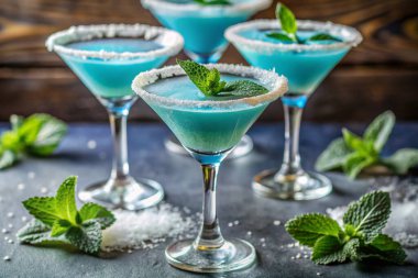 A set of cool, icy blue cocktails served in martini glasses, garnished with fresh mint leaves and a frosted rim, creating a refreshing and festive appearance perfect for holiday gatherings. clipart