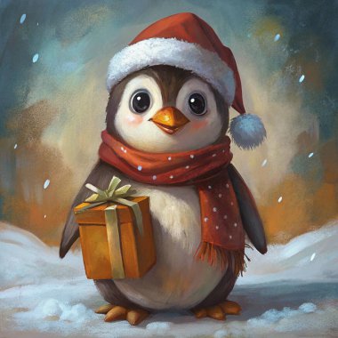 A delightful penguin wearing a Santa hat and red scarf holds a holiday gift against a snowy winter backdrop, evoking festive cheer. clipart