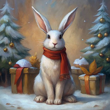 A white rabbit wearing a red scarf sits in a snowy scene surrounded by decorated Christmas trees and festive gifts, exuding holiday warmth. clipart