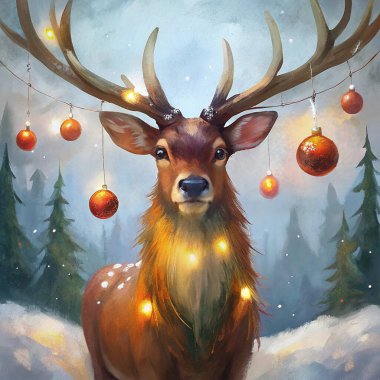 A magnificent reindeer with glowing antlers adorned with Christmas ornaments stands in a serene snowy landscape, radiating holiday spirit. clipart