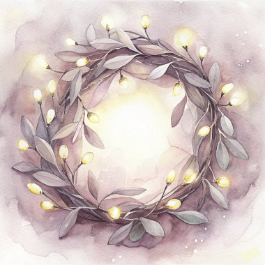 A watercolor-style wreath featuring mistletoe leaves and warm glowing lights, creating an enchanting and serene ambiance. Ideal for festive decorations or elegant seasonal displays.