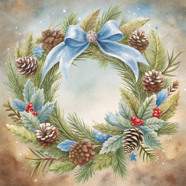 A hand-painted watercolor illustration of a festive evergreen wreath decorated with a soft blue ribbon, pinecones, holly leaves, and bright red berries. The design exudes a natural and elegant holiday charm. clipart