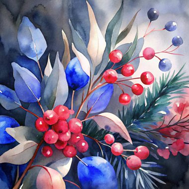 Beautiful festive arrangement of pine branches, eucalyptus leaves, and vibrant red berries, offering a natural and elegant touch to holiday decorations. clipart