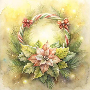 A vibrant holiday wreath featuring poinsettias, candy cane patterns, and lush green foliage, set against a glowing festive background. A charming addition to Christmas decor. clipart