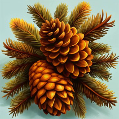 A beautiful watercolor artwork showcasing a rustic fir branch with vibrant golden pinecones against a calm green backdrop, capturing a festive natural ambiance. clipart