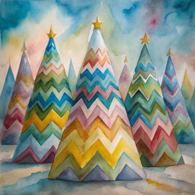 A captivating arrangement of multicolored Christmas trees decorated with zigzag patterns and golden star toppers, set in a dreamy winter landscape for festive inspiration. clipart