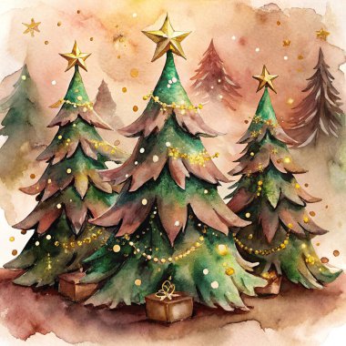 A warm and inviting watercolor depiction of Christmas trees adorned with golden stars, ornaments, and lights, surrounded by a serene woodland backdrop, creating a magical holiday ambiance. clipart