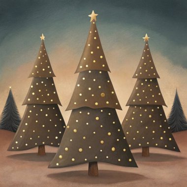 A trio of modern Christmas trees featuring gold polka dot decorations and minimalistic star toppers, set against a warm evening backdrop with subtle forest elements. clipart