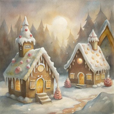 A delightful gingerbread village set in a snowy forest, featuring intricately designed houses with frosted roofs, glowing windows, and festive decorations, capturing the magic of the holidays. clipart