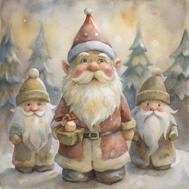 A delightful trio of Santa Claus figurines posed in a winter forest backdrop, showcasing rustic holiday charm with rosy cheeks, intricate beards, and festive attire, spreading seasonal warmth and joy. clipart