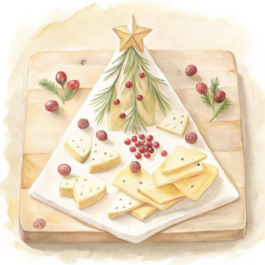 A festive charcuterie board arranged in the shape of a Christmas tree, featuring a variety of cheeses, fresh cranberries, and rosemary sprigs, presented on a marble background with seasonal charm. clipart