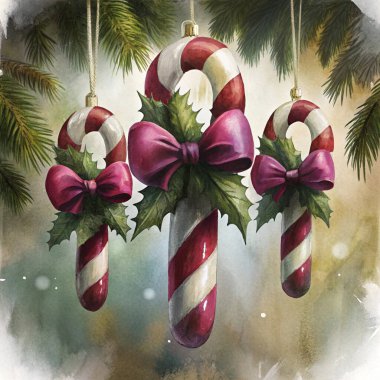 Elegant candy cane ornaments featuring red and white stripes, adorned with holly leaves and vibrant pink bows, hanging among pine branches for a festive holiday display.