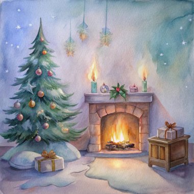 A warm Christmas Eve setting featuring a glowing fireplace, a beautifully decorated tree, wrapped gifts, and festive candles, evoking holiday cheer and family togetherness. clipart