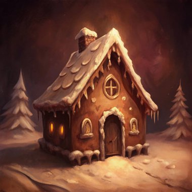 A charming gingerbread house nestled in a snowy landscape, featuring a snow-covered roof, glowing windows, and festive details, evoking the warmth and magic of the holiday season.