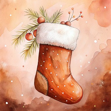 A watercolor depiction of a bright pink Christmas stocking adorned with candy canes, holly berries, and evergreen sprigs, set against a vivid purple backdrop for a festive mood. clipart