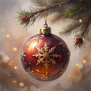 A close-up view of a radiant red Christmas ornament adorned with intricate golden snowflakes, hanging delicately on a green fir branch with soft holiday lighting. clipart