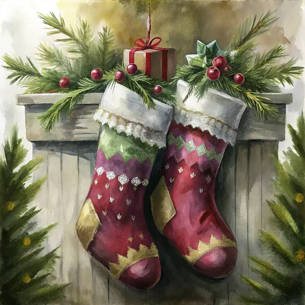 A vibrant holiday scene featuring decorative Christmas stockings with intricate patterns, pine branches, red berries, and a wrapped gift, creating a cheerful and festive atmosphere.