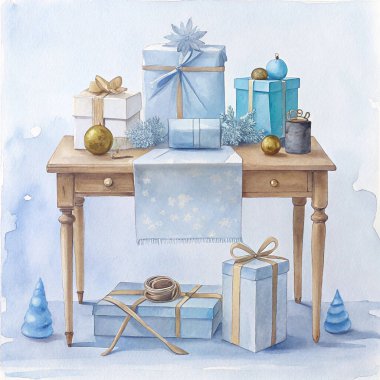 A luxurious gift wrapping station featuring beautifully wrapped presents in blue and white tones, adorned with ribbons, ornaments, and festive embellishments, perfect for holiday elegance. clipart