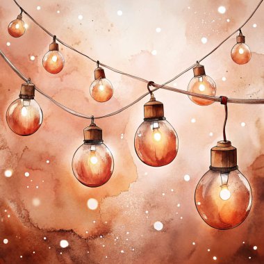 A delicate watercolor artwork featuring warm-toned string lights glowing softly against a beige and orange background, evoking a cozy festive atmosphere with a touch of elegance.