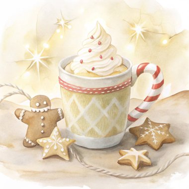 A festive mug of steaming hot cocoa topped with a whipped cream Christmas tree, candy cane, and star decorations, surrounded by colorful lights and holiday-themed treats, creating a warm and joyful scene. clipart