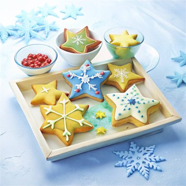 A wooden tray filled with freshly baked Christmas cookies, including star shapes and a cheerful gingerbread figure, all decorated with colorful icing and snowflake designs, evoking holiday cheer and warmth. clipart