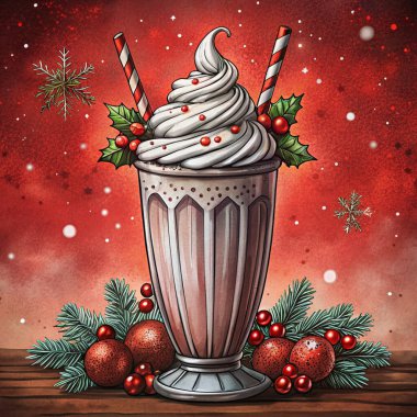 A charming Christmas milkshake topped with whipped cream, red berries, holly leaves, and striped straws. Surrounded by pine sprigs and ornaments, set against a vibrant red festive backdrop. clipart