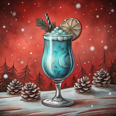 A vibrant icy blue cocktail served in a tall glass, accented with a lemon slice, frosted decorations, and set against a festive red winter scene with pinecones. clipart