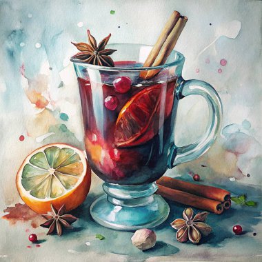 A cozy spiced mulled wine served in a clear glass mug, garnished with citrus slices, cinnamon sticks, and star anise. Surrounding accents include cranberries, fresh orange, and a rustic holiday atmosphere. clipart