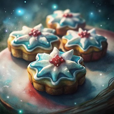 A festive collection of star and round sugar cookies, decorated with colorful icing in intricate designs and vibrant hues, creating a cheerful holiday treat perfect for celebrations.