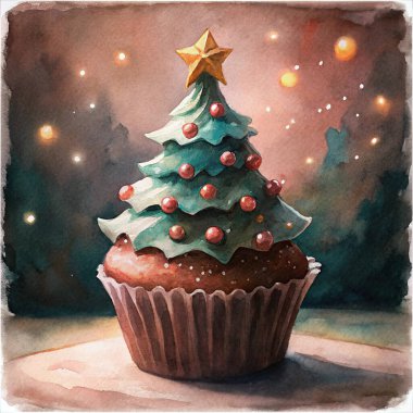 A delightful cupcake styled as a Christmas tree, featuring green frosting layers, red edible ornaments, and a golden star topper, creating a festive holiday treat perfect for celebrations. clipart