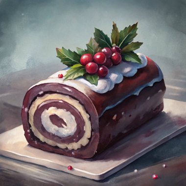 A rich and festive Yule log cake with chocolate swirls, creamy layers, and adorned with vibrant cranberry and holly decorations, making it perfect for holiday celebrations and gatherings.