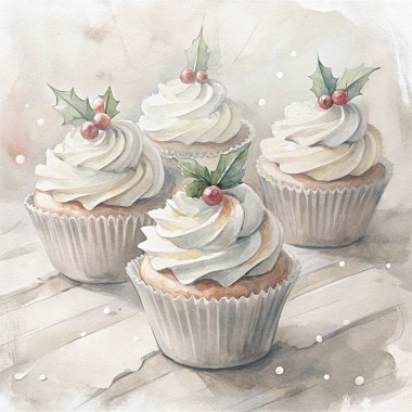 A delightful collection of festive chocolate cupcakes topped with creamy green frosting, decorative holly leaves, and bright red berries, perfect for Christmas celebrations and winter gatherings. clipart