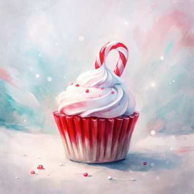 A festive cupcake adorned with a candy cane, colorful whipped frosting, and berry decorations, creating a delightful Christmas dessert perfect for holiday celebrations and gatherings.