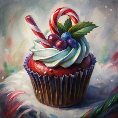 A festive cupcake adorned with a candy cane, colorful whipped frosting, and berry decorations, creating a delightful Christmas dessert perfect for holiday celebrations and gatherings.