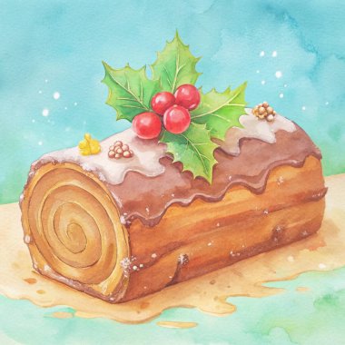 A traditional Yule log cake with a spiral chocolate filling, topped with vibrant holly leaves, red berries, and snowy icing accents. Perfect for adding holiday charm to your dessert table.