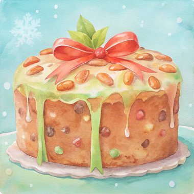 A beautifully painted Christmas fruitcake illustration featuring colorful candied fruits, almonds, and green icing drips. Topped with a festive red ribbon bow and holly leaves, set against a snowy blue background. clipart