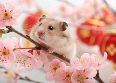 A photo of a hamster with a light brown coat, a pinkish snout, and a small, alert expression, perched on a branch among delicate pink cherry blossom flowers. The background is a soft, blurred backdrop of cherry blossoms creating a dreamy, ethereal ef clipart