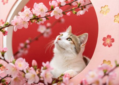 Kiraz çiçeklerinin arasına yerleştirilmiş beyaz ve kahverengi kürklü bir kedinin fotoğrafı. Kedi, yumuşak ve kabarık görünümlü, meraklı ve tetikte. Kiraz çiçekleri, tam çiçeklerle, kedinin etrafında toplanır ve bir Dr.