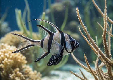 The Banggai Cardinalfish, with its striking black and white striped body and elongated fins, is gracefully swimming through a serene underwater environment. The delicate fin patterns and shimmering silver tones of this fish create a captivating visua clipart