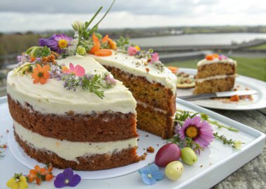 A beautifully decorated carrot cake for Easter, topped with smooth cream cheese frosting. The cake is adorned with fresh edible flowers and colorful spring-themed decorations, giving it a festive and cheerful vibe. The moist cake and creamy frosting  clipart