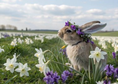 A serene Easter bunny wearing a lavender floral crown sits amidst a field of white lilies and purple blossoms. The soft colors of the floral arrangement and natural setting create a tranquil, elegant Easter scene that embodies the beauty of spring. clipart