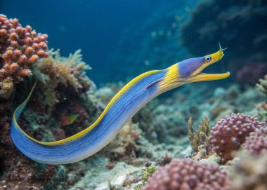 The Ribbon Eel, with its slender, ribbon-like body in striking shades of blue and yellow, is presented swimming gracefully in a coral reef environment. Its elegant form moves fluidly through the water, creating a mesmerizing visual display. The coral clipart