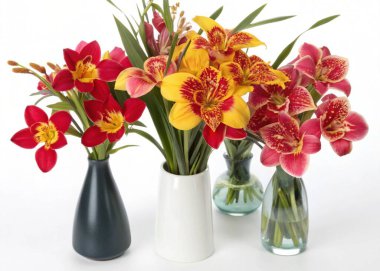 The Tigridia, with its bold, multicolored petals in shades of red, yellow, and pink, is showcased in this panoramic floral arrangement. These vibrant flowers are arranged in a variety of vases, ranging from modern sleek designs to more traditional ce clipart