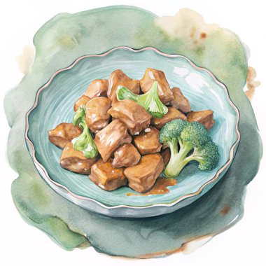 A beautifully detailed watercolor painting of a plate of beef with broccoli, showcasing tender slices of beef coated in a glossy, savory brown sauce. The vibrant green broccoli florets contrast with the deep brown hues of the sauce, creating a rich a clipart