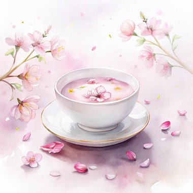 A beautifully detailed watercolor painting of Peach Blossom Soup, a delicate and fragrant dish, served in an elegant bowl. The soup, clear and slightly tinted with the pink hue of peach blossoms, is delicately infused with floral notes, reflecting th