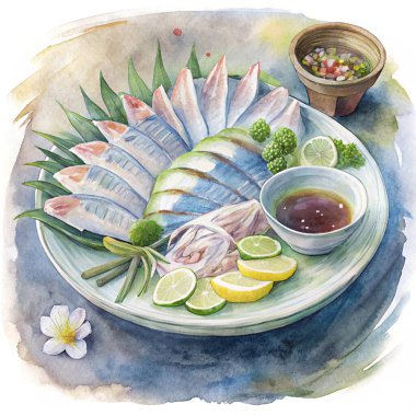 A beautifully detailed watercolor painting of Sashimi, a Japanese delicacy featuring thinly sliced raw fish, showcasing the purity and freshness of the ingredients. The composition includes an assortment of Sashimi, such as vibrant pink tuna, delicat clipart