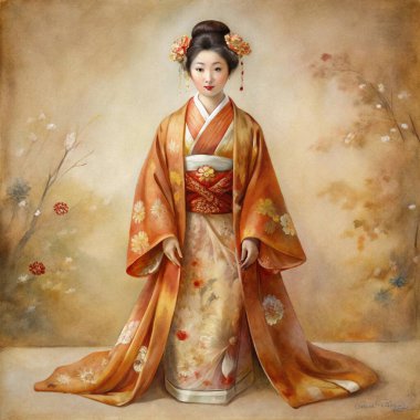 A beautifully detailed watercolor painting of a woman wearing a traditional Japanese kimono, exuding grace and elegance. The kimono features delicate floral patterns with intricate embroidery, its fabric flowing gently with soft, natural folds. The c clipart