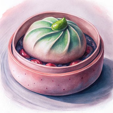 A beautifully detailed watercolor painting of a green tea manju, a traditional Japanese sweet with a soft, slightly chewy exterior and a smooth, sweet filling. The matcha-infused dough gives the manju a delicate green hue, while the watercolor brushs clipart