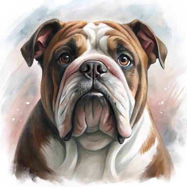 A beautifully detailed watercolor painting of a Bulldog, renowned for its strong, muscular build and signature wrinkled face. The Bulldog is depicted with its broad chest, short muzzle, and unique expression, capturing both strength and charm. The ar clipart