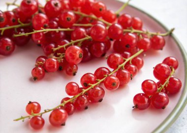 A photo featuring a close-up view of a plate with a collection of red, ripe, and juicy-looking gooseberries. The gooseberries are small, round, and have a glossy sheen, with some showing the characteristic small pips within. The stems are green and a clipart